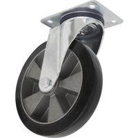 Heavy-duty black rubber swivel castor wheel with silver metal bracket and mounting plate.