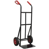Black Sealey heavy duty sack truck trolley with red handles and large pneumatic wheels.