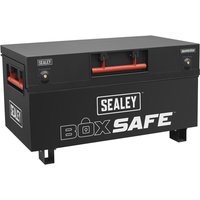 Sealey Heavy Duty Site Tool Box, black with red handles, dual locks, and "Box Safe" branding on the front.