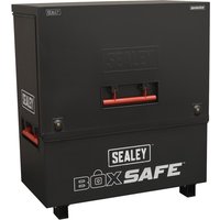 Black Sealey heavy duty tool vault box with red handles and BoxSafe logo on the front.