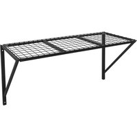 Black metal wall mount rack shelf with grid design and triangular support brackets.