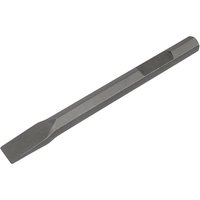 Sealey hex shank flat chisel, metallic gray, compatible with Bosch and Makita breakers, tapered flat end.