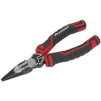 Black and red Sealey high leverage long nose pliers with ergonomic grips and precision tips.