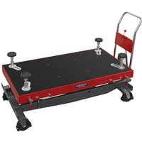 Red and black Sealey hydraulic platform truck with adjustable supports and four caster wheels.