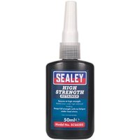 Black Sealey High Strength Retainer bottle with blue label, white cap, and red Sealey logo, 50ml size.