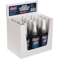 Sealey High Strength Stud Lock in black bottles with white caps, displayed in a white cardboard box.