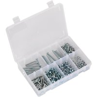 Clear plastic box with compartments containing assorted silver screws, nuts, and washers by Sealey.