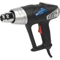 Black and silver Sealey hot air heat gun with ergonomic handle and adjustable nozzle.