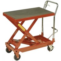 Red Sealey hydraulic scissor lift platform table with black top, chrome handle, and four wheels, 500Kg capacity.