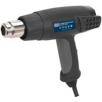 Black and gray Sealey HS100 heat gun with three-speed settings and ergonomic handle.