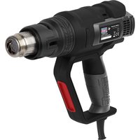 Black Sealey HS102 hot air heat gun with ergonomic handle, red trigger, and silver nozzle.