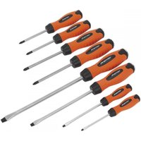 Sealey HV004 8-piece screwdriver set with hi-vis orange handles and hammer-thru design, featuring black grip accents.