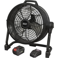 Black Sealey 16in high velocity drum fan with cordless/corded options, includes battery and charger.