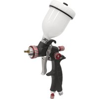 Sealey HVLP Gravity Feed Touch Up Air Spray Gun with white paint cup, black handle, and red adjustment knobs.