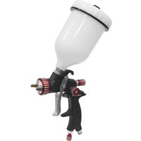 Sealey HVLP01 gravity feed air spray gun with white paint cup, black handle, and red adjustment knobs.