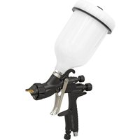 Sealey HVLP05 gravity feed spray gun with black handle, white paint cup, and adjustable nozzle.