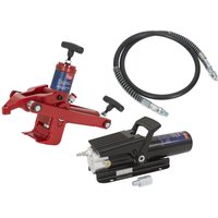 Red and black Sealey hydraulic bead breaker combo with hose and pressure gauge.