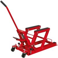 Red Sealey hydraulic lift for motorcycles and quadbikes with foot pedal and caster wheels.