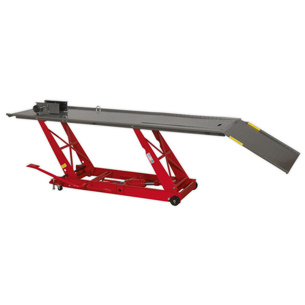 Red hydraulic motorcycle lift with a steel ramp and platform, capable of lifting up to 400kg, featuring a sturdy frame and adjustable height for easy access to vehicles.