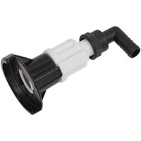 Black and white Sealey IBC connector with SEC valve fitting and right-angle hose barb for AdBlue pumps.