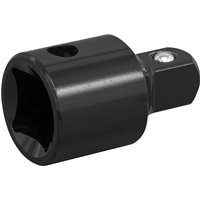 Black Sealey Impact Socket Converter with square drive and round body, featuring a small side hole and metal pin.