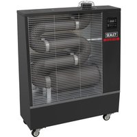 Black Sealey industrial infrared diesel heater with visible coiled tubes and control panel, mounted on wheels.