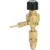 Brass Sealey MIG gas regulator without gauge, featuring a black adjustment knob and threaded connectors.
