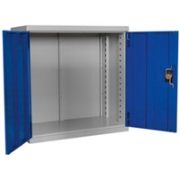 Sealey Industrial Storage Cabinet, silver body, blue doors, metal construction, with lock and adjustable shelves.