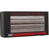 Black Sealey IR12 wall-mounted infrared quartz heater with protective grill and red branding.
