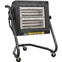 Sealey IR15110V infrared heater with black metal frame, protective grill, and wheeled base for mobility.