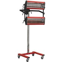 Sealey IR2000S infrared panel dryer with dual red heating lamps on adjustable stand with wheels.
