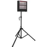 Black Sealey infrared quartz heater with adjustable tripod stand and rectangular heating element.