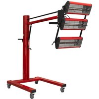 Red Sealey infrared short wave panel dryer with three adjustable heating lamps on a wheeled stand.