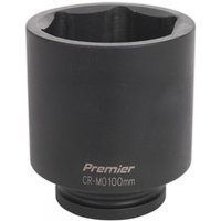 Black Sealey IS1100D impact socket, 100mm deep, 1in square drive, with "Premier CR-MO 100mm" text on the side.