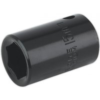 Black Sealey impact socket, 15mm, 1/2in square drive, cylindrical shape with engraved text.