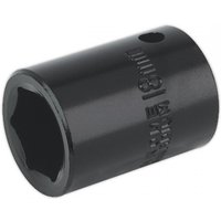 Black Sealey impact socket, 18mm size, 1/2in square drive, with engraved text and smooth cylindrical design.