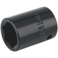 Black Sealey impact socket 19mm with 1/2in square drive, cylindrical shape, embossed size markings.