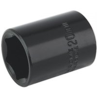 Black Sealey impact socket, 20mm, 1/2in square drive, cylindrical shape with engraved text.