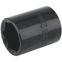 Black Sealey 21mm impact socket with 1/2in square drive, featuring engraved size marking on the side.