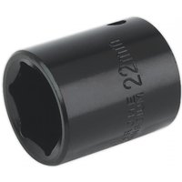 Black Sealey impact socket, 22mm size, 1/2in square drive, with engraved size marking on the side.