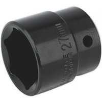 Black Sealey impact socket, 27mm, 1/2in square drive, with engraved size marking and side hole.