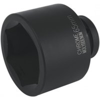 Black Sealey impact socket, 65mm size, 1in square drive, with chrome finish and engraved specifications on the side.