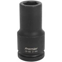 Black Sealey deep impact socket, 21mm, 3/4in square drive, with "Premier CR-MO 21 mm" text.