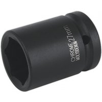 Black Sealey impact socket, 27mm size, 3/4in square drive, with white engraved text on the side.
