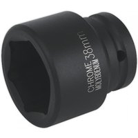 Black Sealey impact socket, 38mm size, 3/4in square drive, with chrome molybdenum text on side.