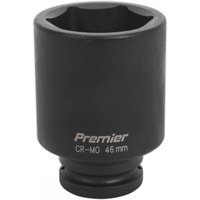 Black Sealey IS3446D impact socket, 46mm deep, 3/4in square drive, with "Premier CR-MO 46mm" text on side.