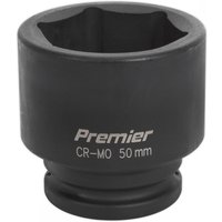 Black Sealey impact socket, 50mm, 3/4in square drive, with "Premier CR-MO 50mm" text on side.