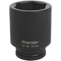 Black Sealey impact socket, 50mm deep, 3/4in square drive, with engraved "Premier CR-MO 50mm" text.