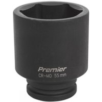 Black Sealey impact socket, 55mm deep, 3/4in square drive, with "Premier CR-MO 55mm" text on the side.