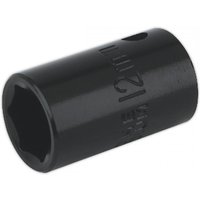 Black Sealey impact socket, 12mm size, 3/8in square drive, cylindrical with engraved markings.